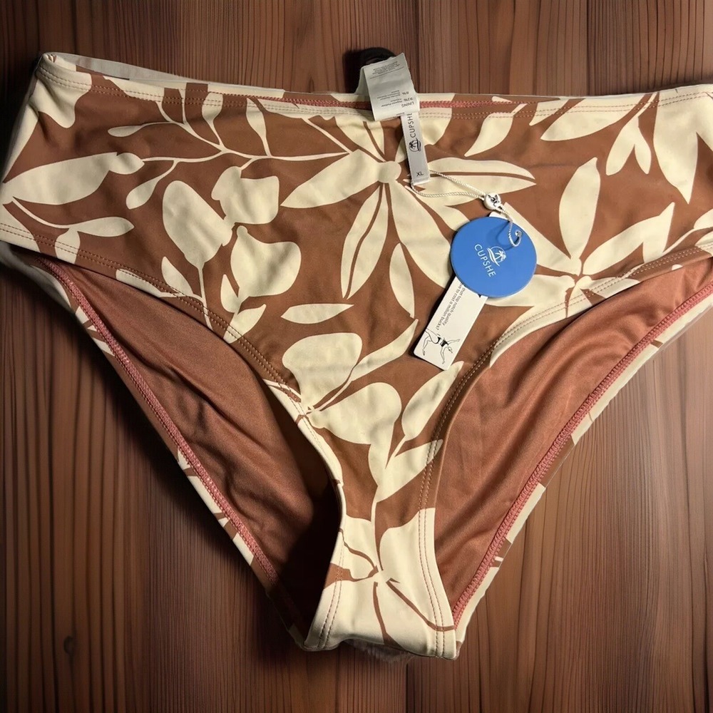 Cupshe size XL Floral Bikini‎ Swimsuit Bottoms NWT Brown And Cream Color